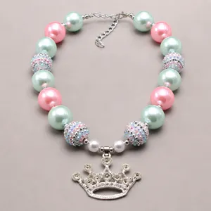 Cute rhinestone crown pendant chunky necklace for little girls with pastel pink mint green beads