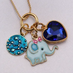Cute heart elephant pendant necklace for girls, alloy blue rhinestone children jewelry