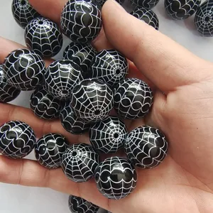 Perles Acryliques Noires Imprimées Toile d'Araignée DIY Halloween Impression Araignée Perles Vrac pour Fabrication de Bijoux Artisanat