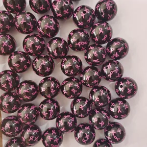 Cuentas de acrílico negro de 20 mm con estampado de cinta rosa para manualidades y joyas