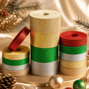 Glitter ribbon rolls for Christmas gift wrapping, holiday bows, and DIY craft decoration supplies.