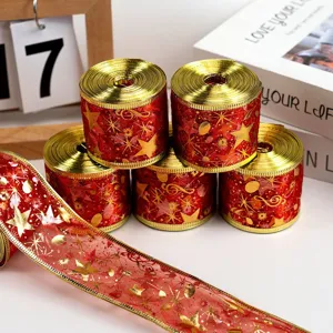 Nastro natalizio rosso 5 cm stampato in oro doppio strato confezione regalo nastro decoro