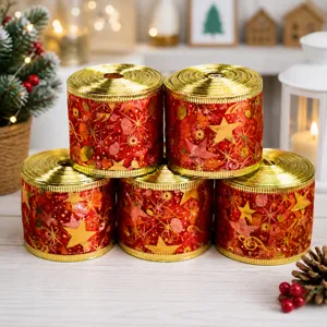Nastro Stampato con Stella Bronzata a Doppio Strato Rosso Nastro Decorativo per Albero di Natale Fiocco Confezione Regalo Festiva