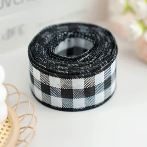 Black and white checkered ribbon, 4cm wide buffalo plaid fabric trim for floral wrapping, gift boxes, baking packaging, and DIY holiday party decoration crafts.