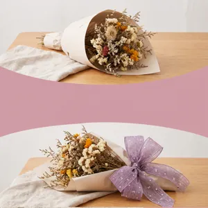 Dried flower bouquet packaging detail shot showing exquisite ribbon and rustic floral arrangement