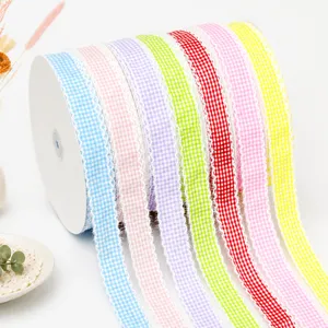 Colorful gingham ribbon detail, 2.5cm checkered lace edge fabric for DIY crafts gift wrapping.