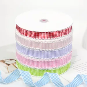 2.5cm gingham ribbon with scalloped edge for DIY crafts, gift wrapping, and sewing projects.
