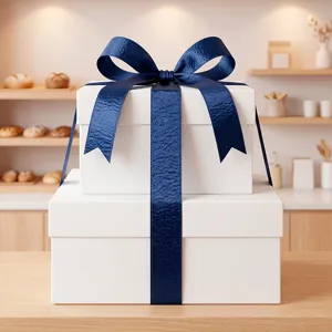 Close-up detail of dark blue satin ribbon bow on white gift boxes, DIY craft accessory.
