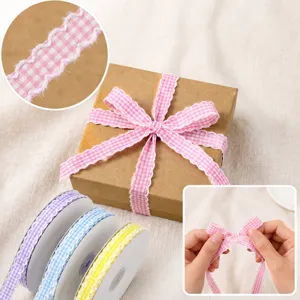 Checkered ribbon detail closeup, DIY craft gift wrapping, pink blue purple yellow ribbon.