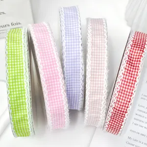 Colorful gingham plaid ribbons with lace trim for DIY crafts and gift wrapping details.