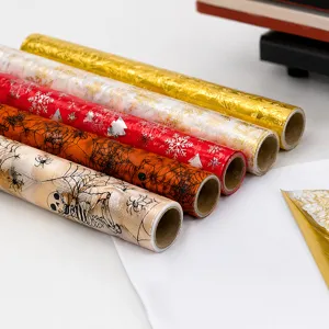 Detailed view of colorful metallic foil rolls with holiday patterns for DIY crafts and wrapping.