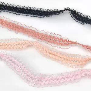 Detailed view of 2.5cm double-row organza elastic ruffled lace trim for DIY garments and crafts.