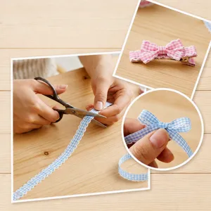 Close-up details showcasing 1cm plaid DIY ribbon and cute bow hair clip crafting process.