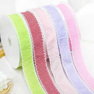 Colorful gingham ribbon with ruffled edge for DIY craft gift packaging and baking decoration.