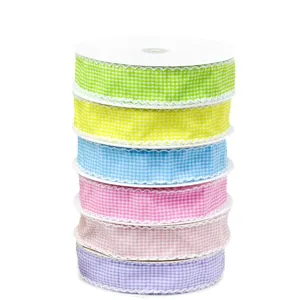 4cm plaid gingham ribbon with lace edge for gift wrapping, crafts, and floral DIY decoration