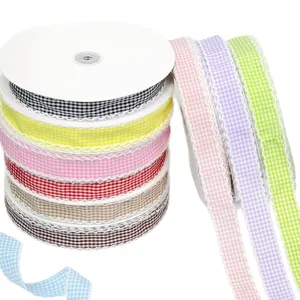 Gingham check ribbon with lace edge for DIY crafts, gift wrapping, and clothing decor.
