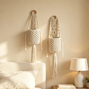Handgemachte Baumwollseil Hängetasche Boho Wandaufbewahrung Korb mit Quaste für Heimdeko