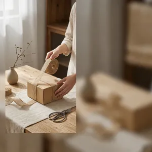 Natural burlap ribbon roll for DIY gift wrapping and crafts, showcasing rustic texture detail.