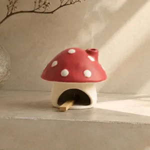 Ceramic mushroom incense burner tabletop home decor aroma stove cute red house design holder