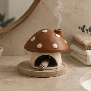 Ceramic Mushroom Incense Burner Desktop Smoke Decor Aroma Diffuser House Ornament