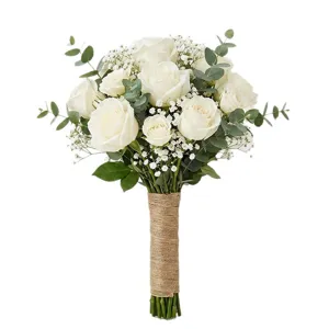 Elegant white rose bridal bouquet with eucalyptus and baby's breath, tied with natural jute twine.
