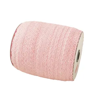 Pink lace ribbon trim roll for DIY crafts, hair bows, wedding cake baking and gift box packaging.