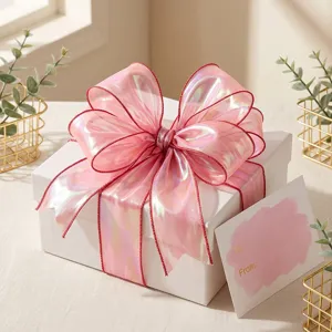 Nastro in organza olografico 6cm bordo filo rosa per confezione regalo fai da te.
