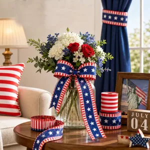 Wired ribbon for July 4th patriotic crafts and DIY bow decoration details.