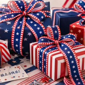 Patriotic wired ribbon detail shot, perfect for US Independence Day DIY wreaths and festive gift wrapping.