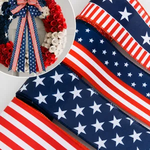 Patriotic Wired Ribbon Stars and Stripes Red White Blue Ribbon for Independence Day DIY Wreath Bow Crafting