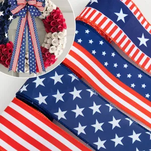 Patriotic wired ribbon with US star and stripe flag design for DIY craft wreath and bows.