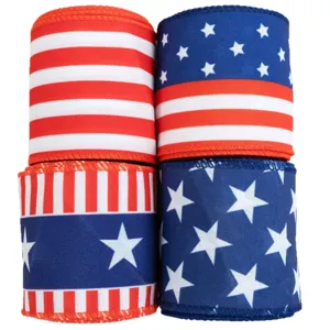 Patriotic wired ribbon set with stars and stripes design for Independence Day DIY crafts.