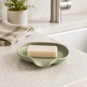 Ceramic soap dish with leaf design and drain holder for bathroom sink and shower countertop.