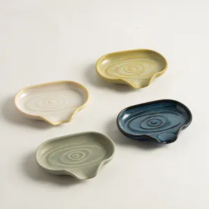 Ceramic soap dish set with draining spout, multi-color kiln-changed soap holder for bathroom.