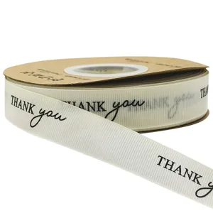 White grosgrain ribbon spool with printed thank you text for gift wrapping and party decor