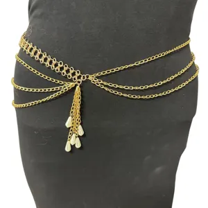 Multi-layer gold chain waist chain body chain with retro pearl pendants for summer dresses