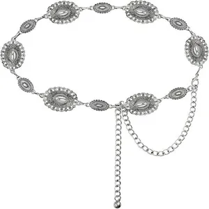 Women Retro Bohemian Metal Waist Chain Vintage Carved Oval Link Adjustable Body Chain Coat Dress Belt Accessory