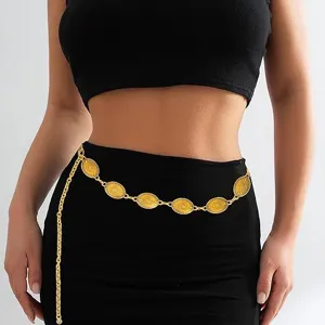 Damen Mode Metall Taillenkette Vintage Oval Münze Quaste Gürtel Verstellbar Kleid Dekorative Körper Schmuck Kette