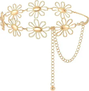 Gold daisy flower metal chain belt adjustable waist accessory for women fashion chic style