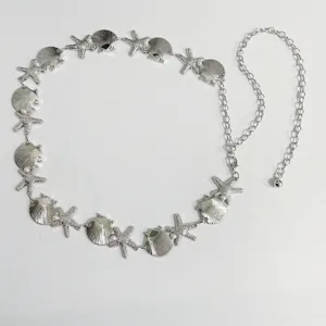 Silver metal waist chain with seashell and starfish charms, perfect for beach party.