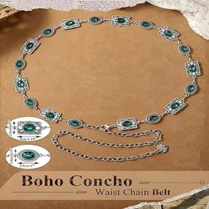 Cinturón de cadena de cintura boho vintage con diamantes de imitación verdes, elegante joyería.