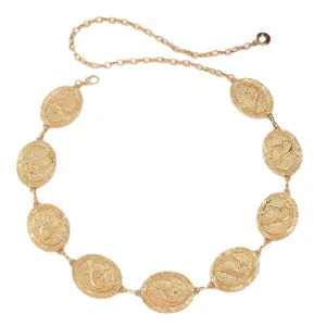 Chaîne de taille en métal doré pour femmes, accessoire de ceinture à plaques ovales gaufrées rétro.