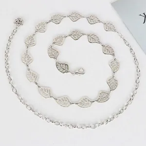 Elegant silver metal waist chain for women, featuring hollow leaf charms and adjustable design.