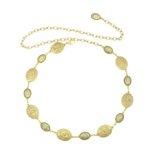 Women retro gold metal chain belt with turquoise oval charms bohemian dress accessory
