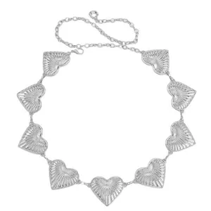 Silver metal heart chain belt for women, stylish vintage dress accessory waist chain.