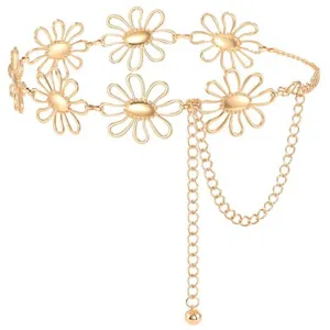 Gold metal daisy flower chain belt detail, elegant hollow floral metal waist chain accessory.