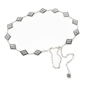 Silver metal waist chain for women, vintage rhombic carved pattern body jewelry accessory.