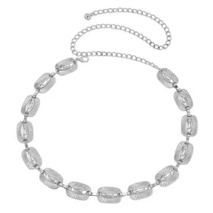 Silver metal waist chain featuring rectangular links and adjustable length for dresses.