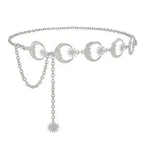 Silver metal chain belt with moon and sun charms, bohemian style waist accessory.