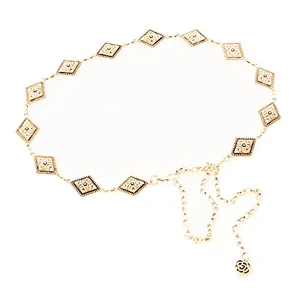 Exquisite metal waist chain with hollow diamond links and flower charm, perfect for daily wear.